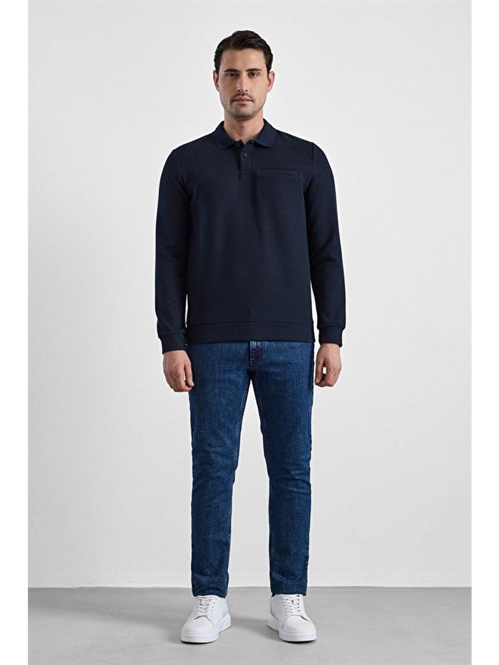 Lacivert Regular Düz Baskısız Selanik Düğmeli Polo Yaka Torba Cep Trikolu Standart Sweatshirt-3