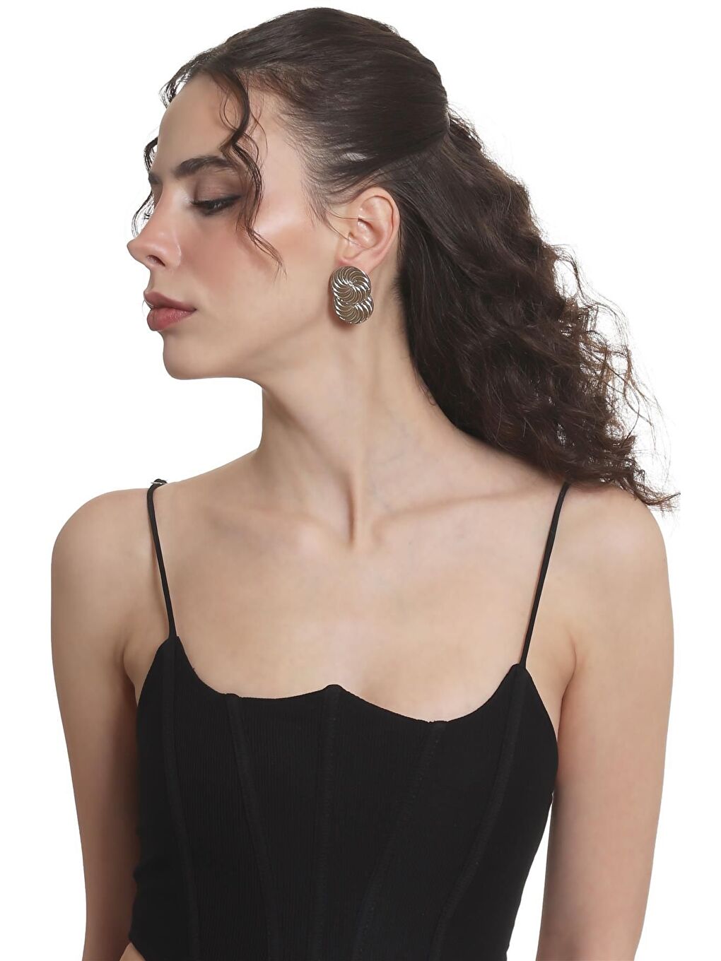 Gri Kadın Lak  Kaplama Çivili Model Spiral Baskılı Tasarım Küpe-3