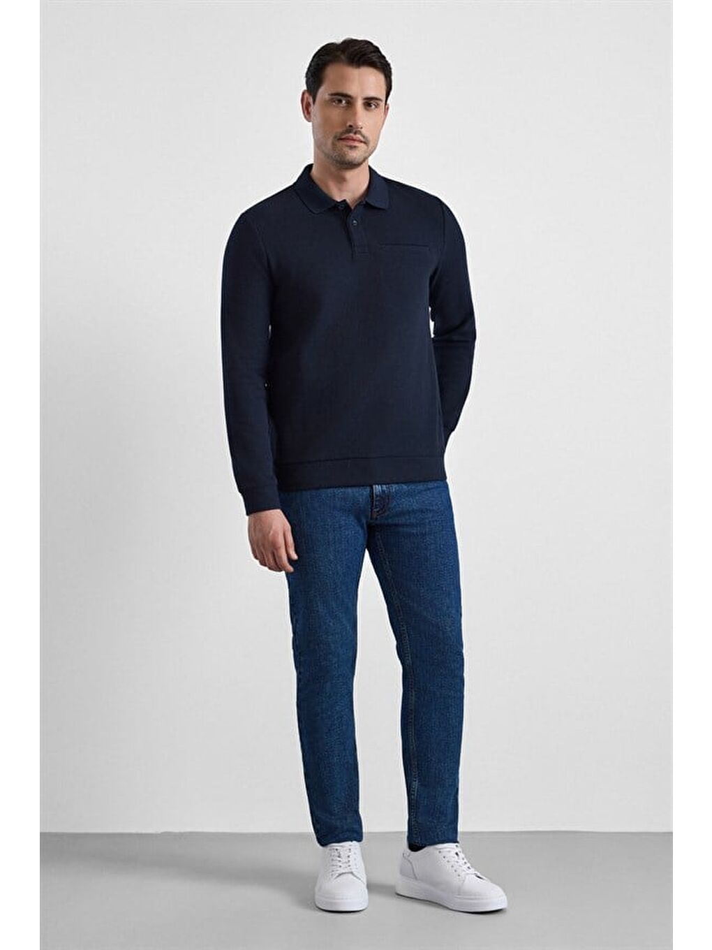 Lacivert Regular Düz Baskısız Selanik Düğmeli Polo Yaka Torba Cep Trikolu Standart Sweatshirt-4