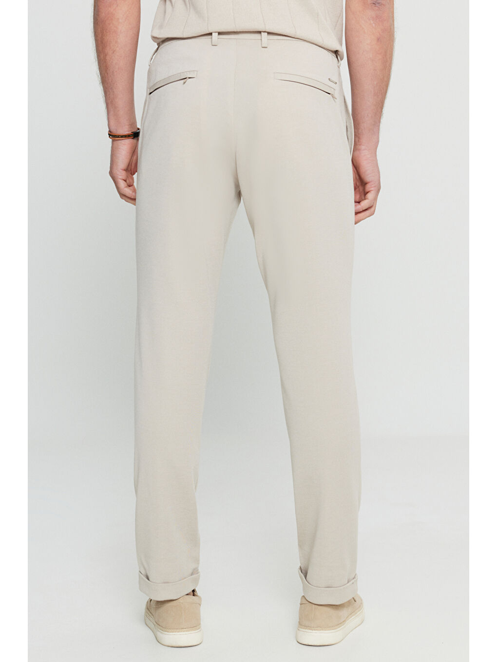 Erkek Bej Dar Kesim Beli Bağlamalı Yan Cep Esnek Casual Pantolon-5