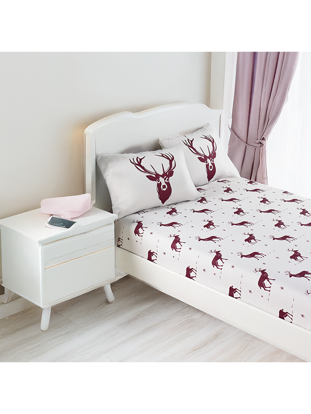 Pes Lastikli Çarşaf Seti Tek Kişilik Geyik Bordo