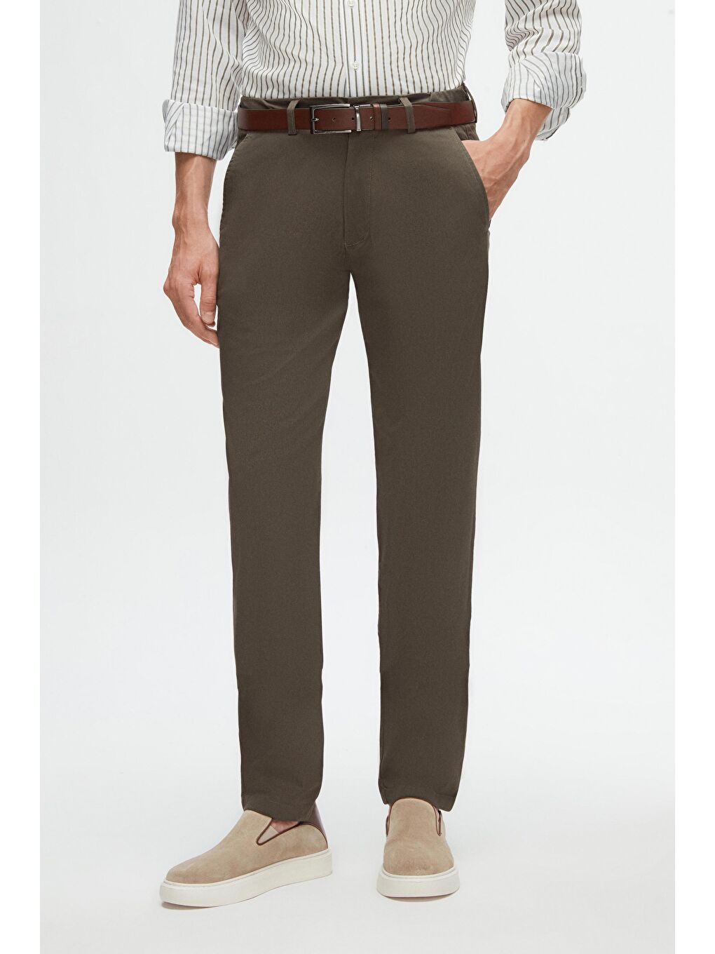 Slim Fit Haki Armürlü Yan Beli Lastikli Esnek Elastanlı Yandan Cepli Chino Pantolon