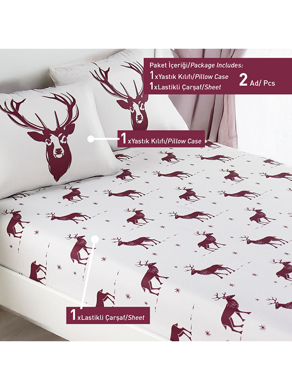 Pes Lastikli Çarşaf Seti Tek Kişilik Geyik Bordo-3