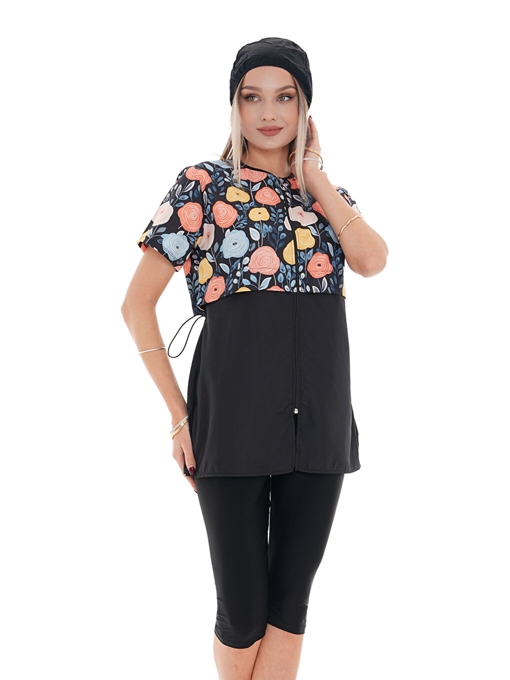 Yarı Kapalı Tesettür Mayo 2508 Suna Siyah Gül-3