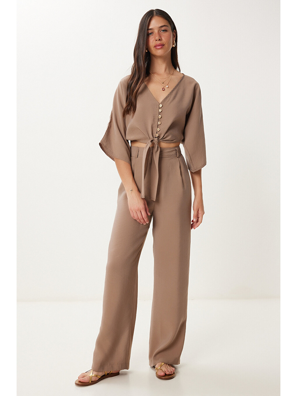 Bej Modal Bluz Pantolon Takım VİZON LBV0069-1