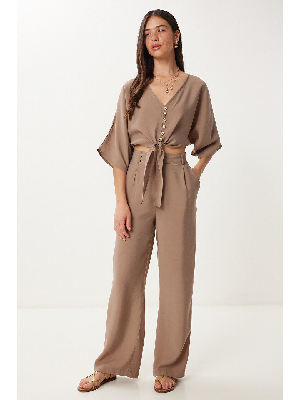 Bej Modal Bluz Pantolon Takım VİZON LBV0069-2