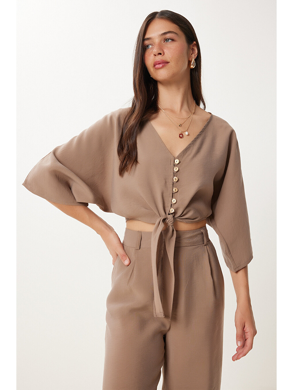 Bej Modal Bluz Pantolon Takım VİZON LBV0069-3