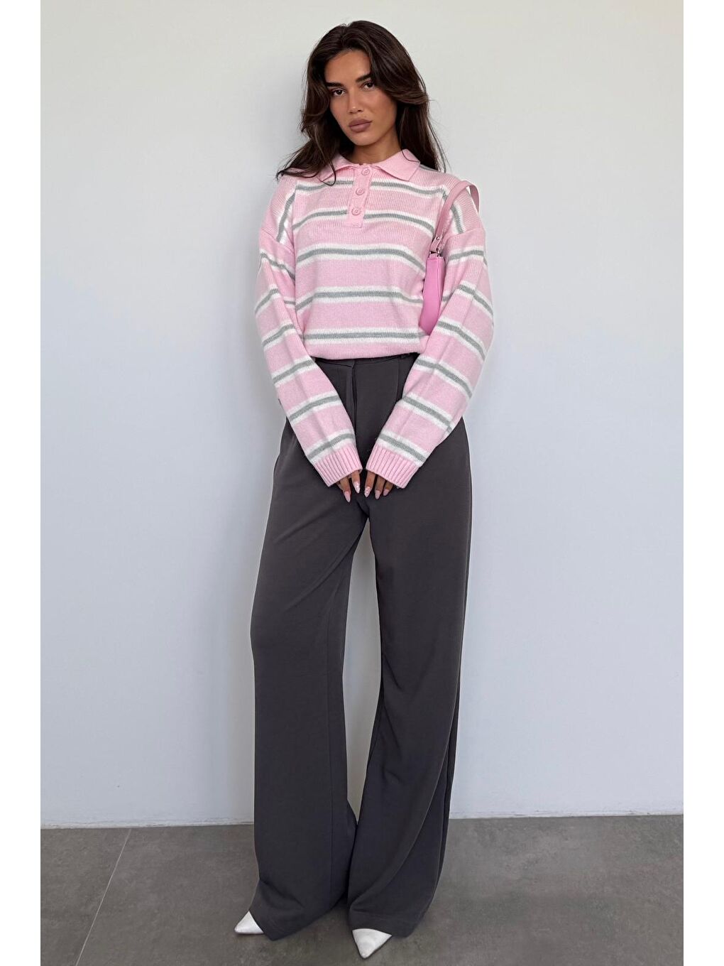 Pembe Polo Yaka Çizgili Kadın Triko Kazak Mg2469-1