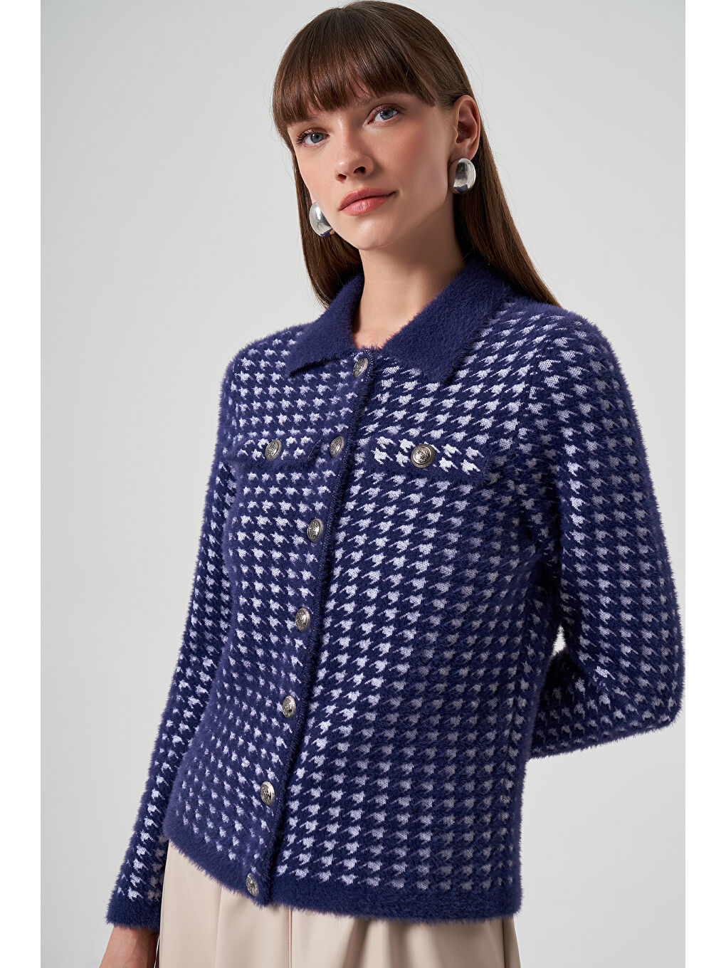 Lacivert Triko Düğme Detay Kısa Hırka 7007 Laci