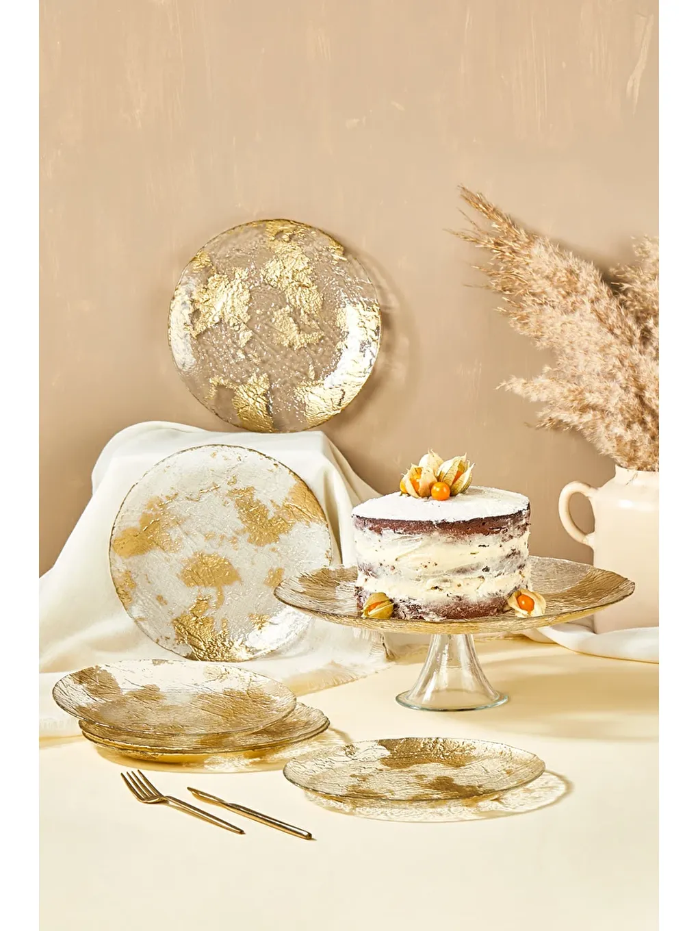 Renksiz Marmo Altın 7 Parça Pasta/Kek/Tatlı Sunum Tabağı Seti