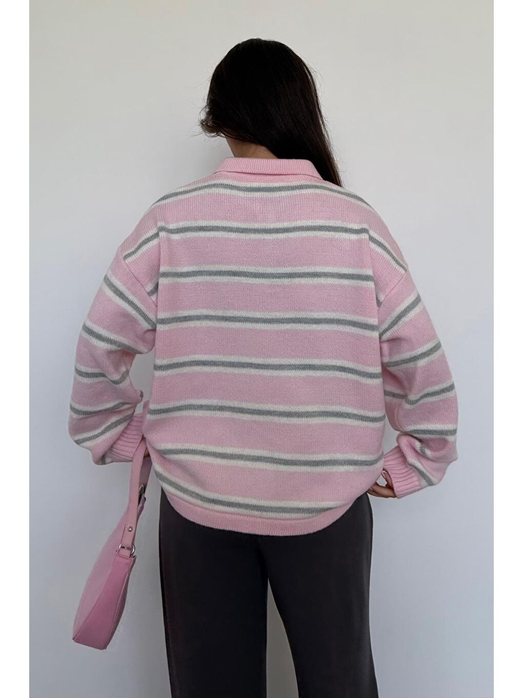 Pembe Polo Yaka Çizgili Kadın Triko Kazak Mg2469-2