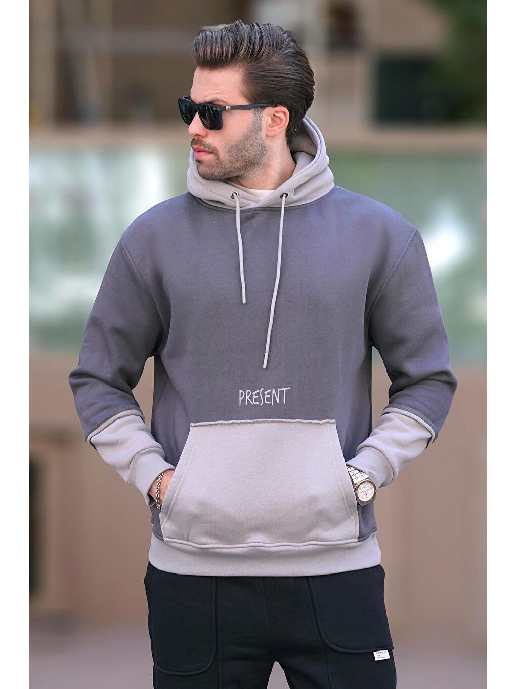 Madmext Füme Kapüşonlu Cep Detaylı Erkek Sweatshirt 7071