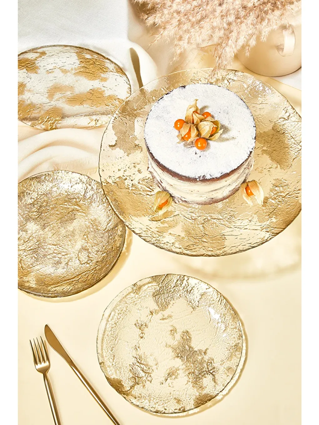 Renksiz Marmo Altın 7 Parça Pasta/Kek/Tatlı Sunum Tabağı Seti-1