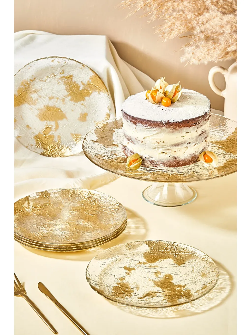 Renksiz Marmo Altın 7 Parça Pasta/Kek/Tatlı Sunum Tabağı Seti-2