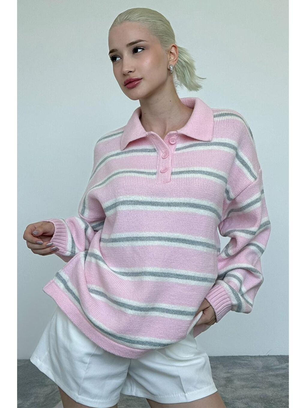 Pembe Polo Yaka Çizgili Kadın Triko Kazak Mg2469-4