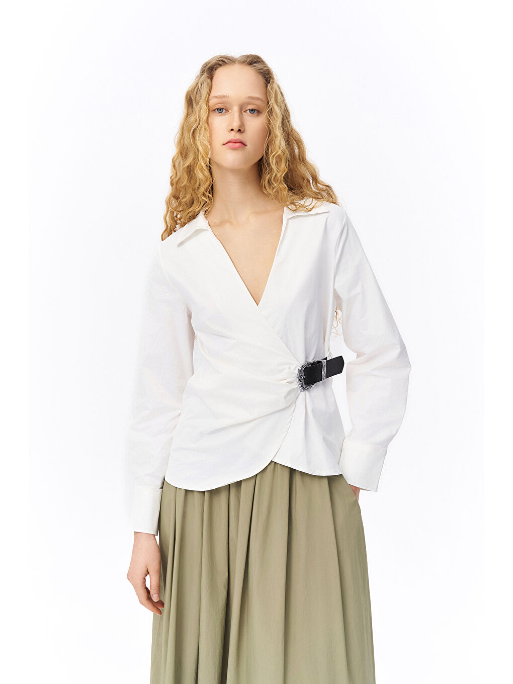 V Yaka Anvelop Kemerli Bluz Ekru-2