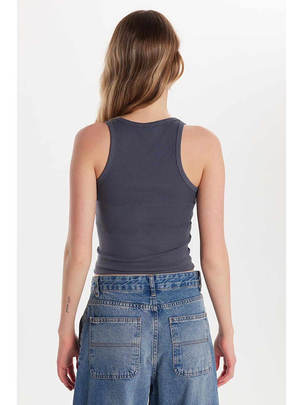 Kadın Slim Fit Dar Kesim İnce Askılı U Yaka Antrasit Body Atlet-4