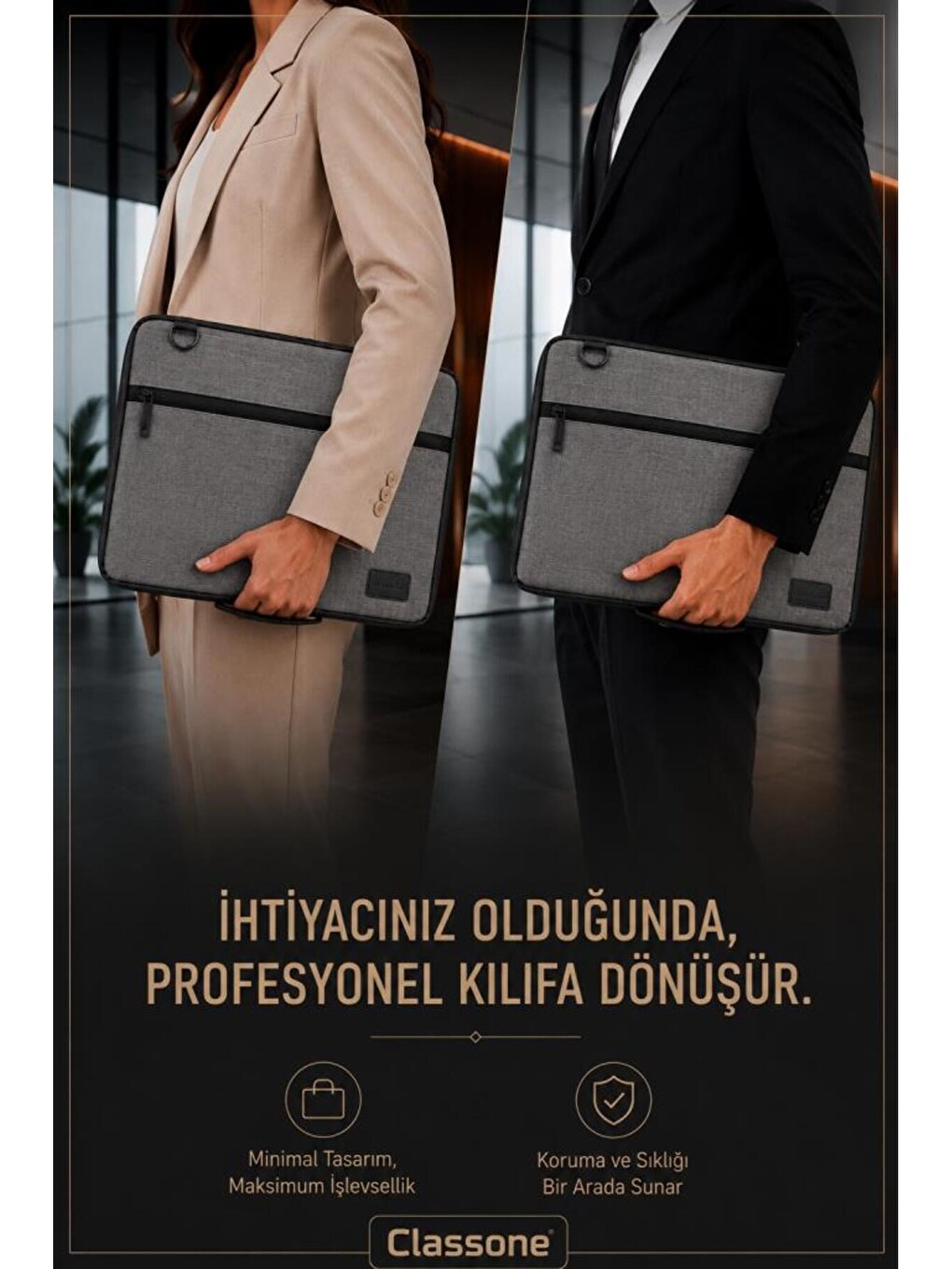 3in1 Serisi Clk144 13,14 İnch Uyumlu Tablet Laptop El Ve Omuz Çantası Keten Gri-3
