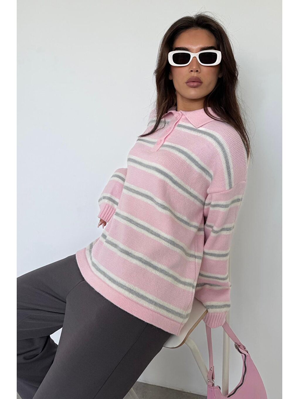 Pembe Polo Yaka Çizgili Kadın Triko Kazak Mg2469-5