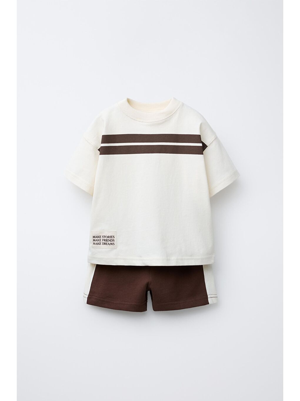 Karışık Çocuk Pamuklu Ekru Kahverengi Şeritli T-Shirt Şort Takım