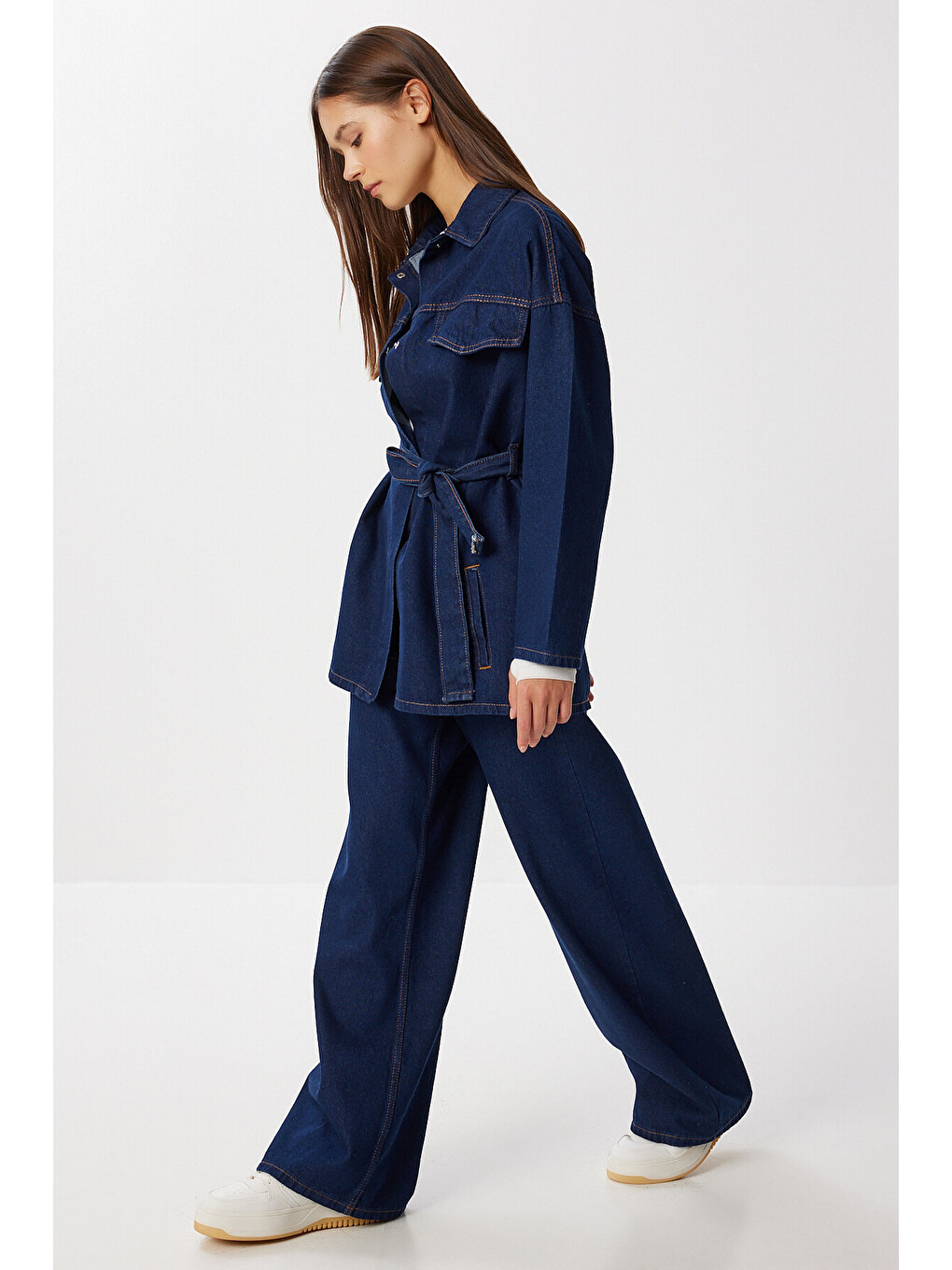 Mavi Kuşaklı Denim Ceket Pantolon Takım 1935 KOYU MAVİ LAN0075-1
