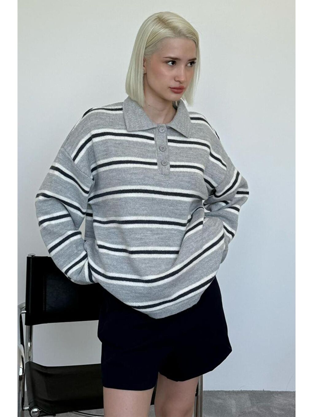Gri Polo Yaka Çizgili Kadın Triko Kazak Mg2469-3