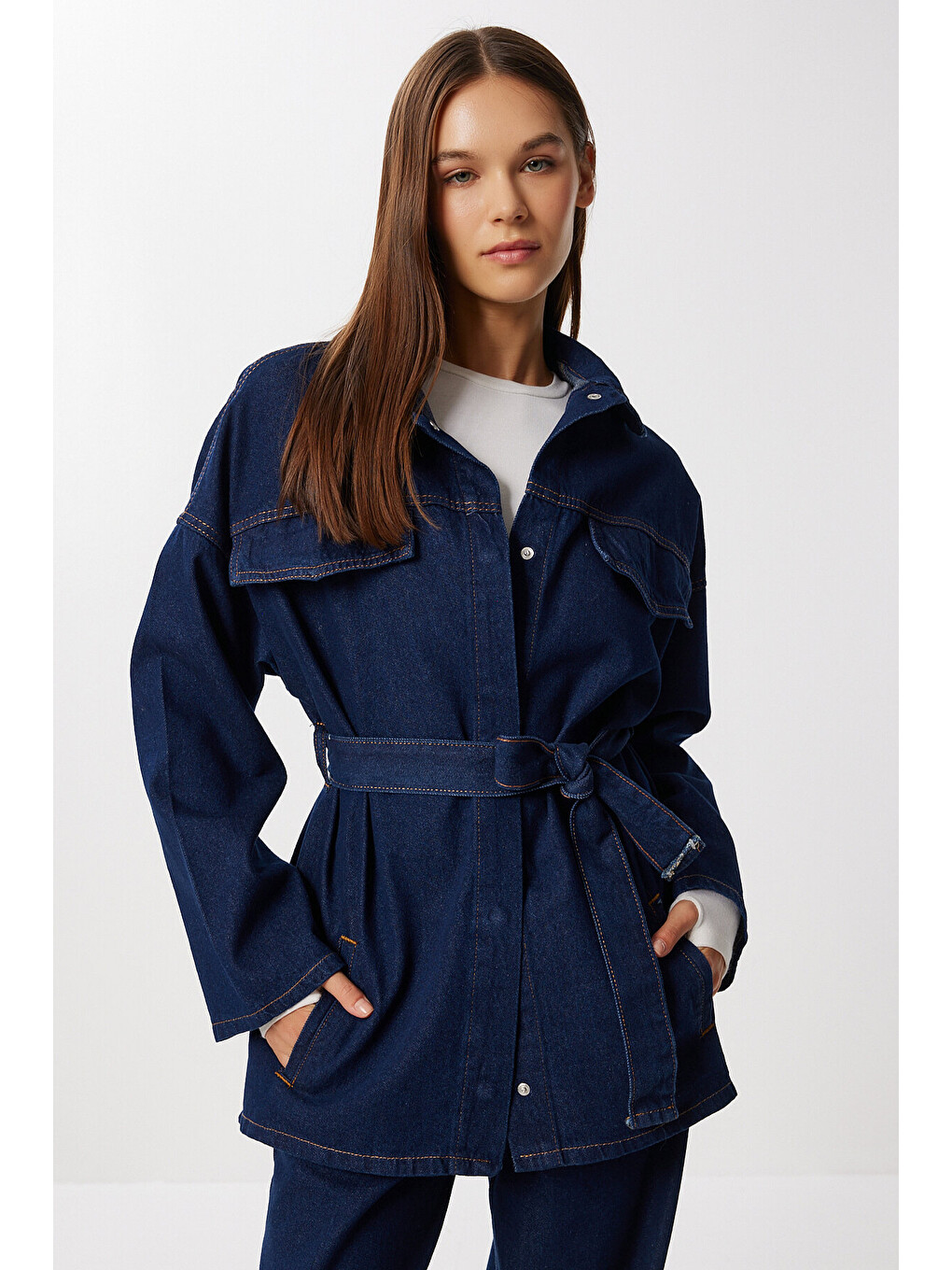 Mavi Kuşaklı Denim Ceket Pantolon Takım 1935 KOYU MAVİ LAN0075-2