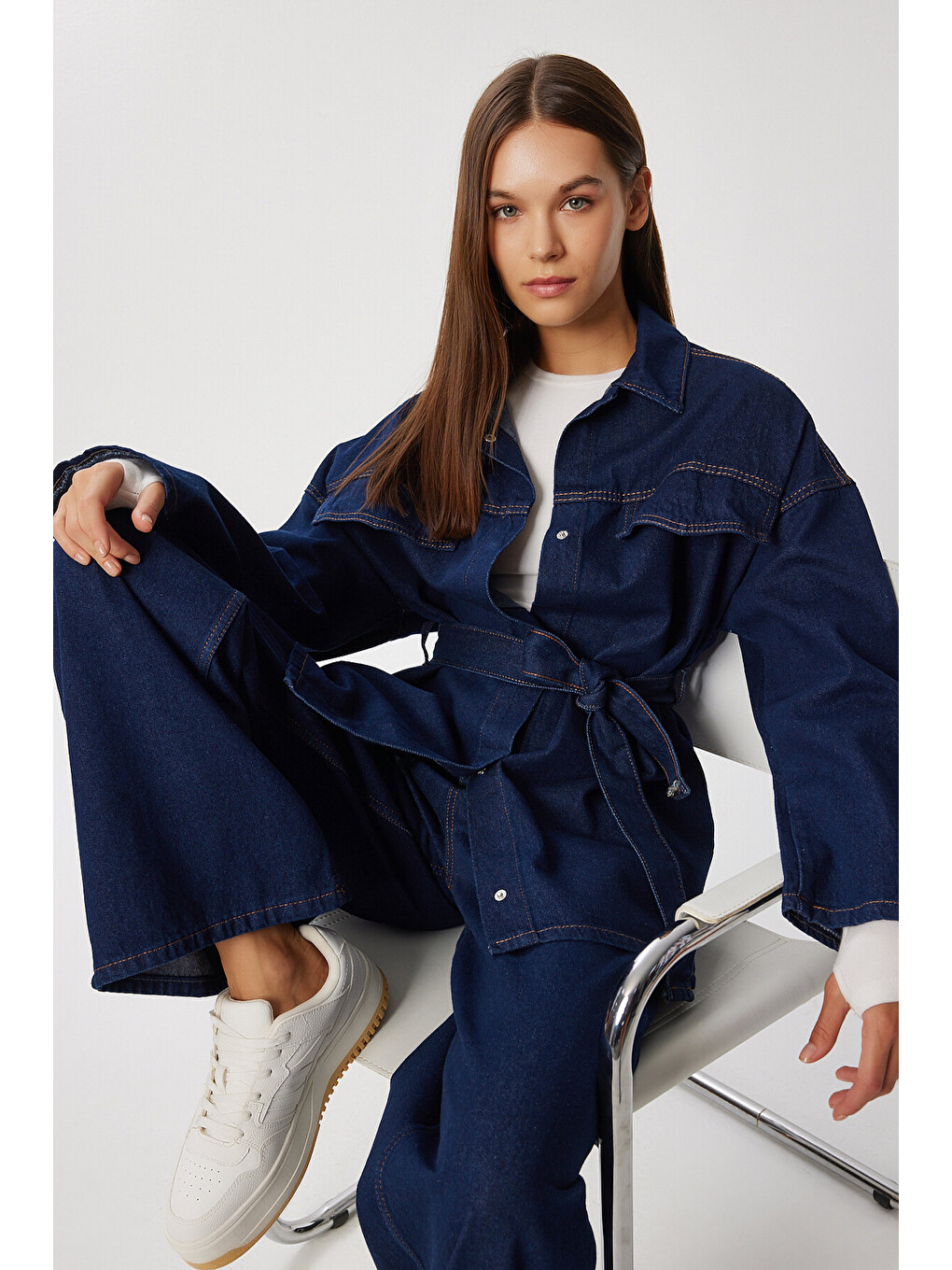 Mavi Kuşaklı Denim Ceket Pantolon Takım 1935 KOYU MAVİ LAN0075-3