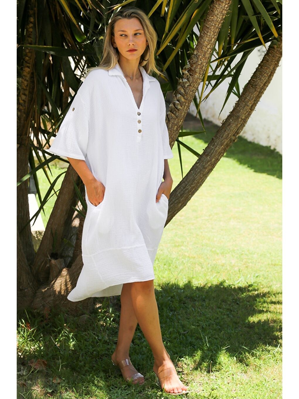 Organik Pamuk Beyaz Gömlek Yaka Düğmeli 3/4 Kol Çift Cepli Sırt Dekolteli Dokuma Casual Elbise-2