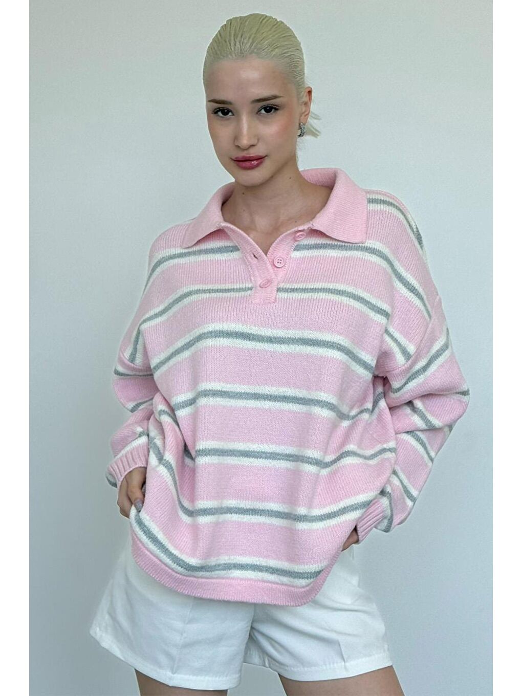 Pembe Polo Yaka Çizgili Kadın Triko Kazak Mg2469-6