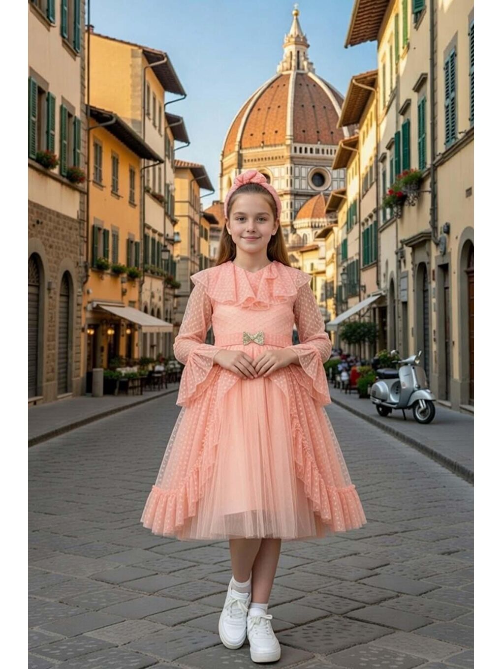 Pembe Kız Çocuk Kolları Şeffaf Tüllü ve Üzeri Puantiye, Yakası Fırfır Detaylı Önü Tüllü Somon Abiye-2