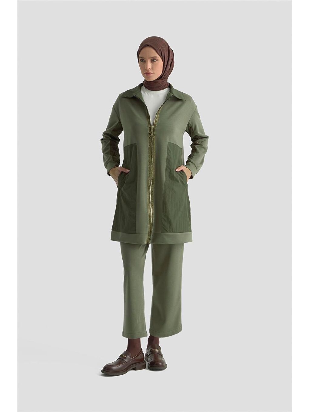 Paraşüt Kumaş Mixli Örme Hırka 25Kt5626 Haki-2