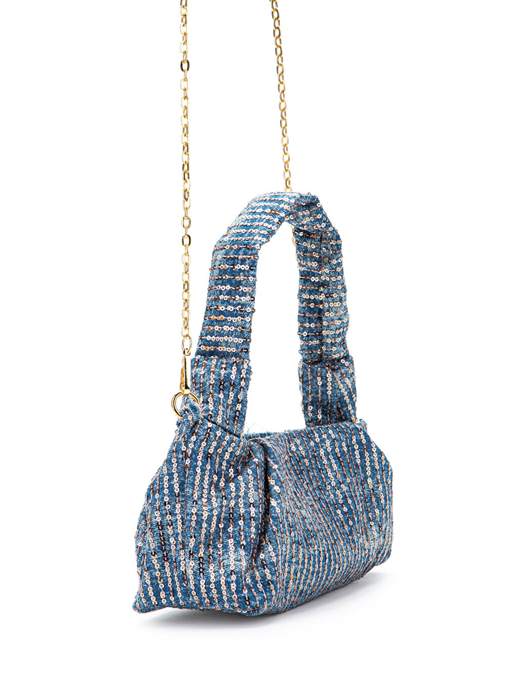 Sarı Uzun Zincir Askılı Baget Kadın Çapraz Çanta Sins Gold Pullu-3