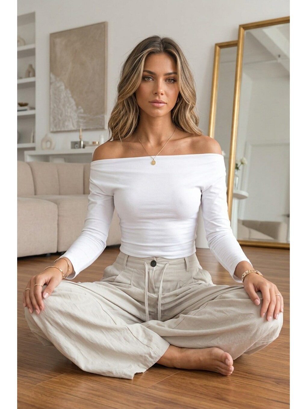 Kadın Düşük Omuz Slim Örme Beyaz Bluz-3