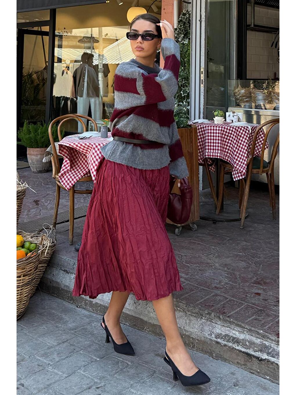 Bordo Bisiklet Yaka Çizgili Triko Kadın Kazak Mg2472-1