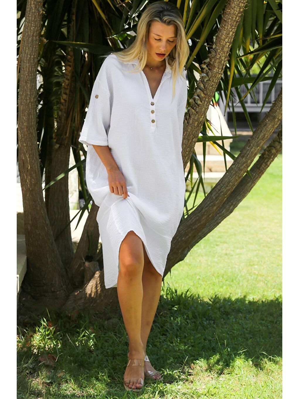 Organik Pamuk Beyaz Gömlek Yaka Düğmeli 3/4 Kol Çift Cepli Sırt Dekolteli Dokuma Casual Elbise-4