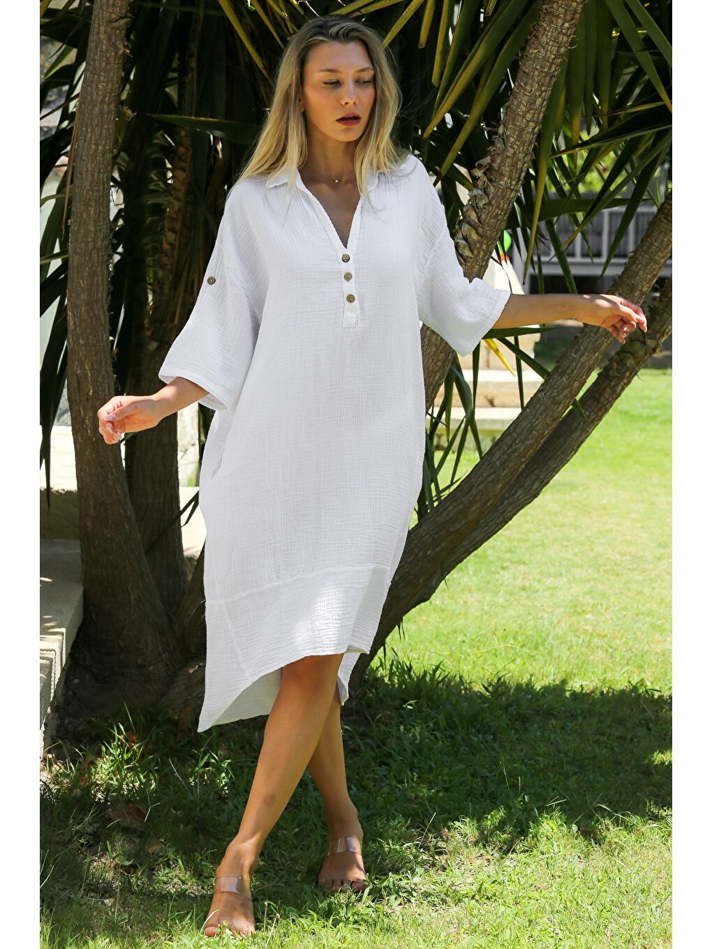 Organik Pamuk Beyaz Gömlek Yaka Düğmeli 3/4 Kol Çift Cepli Sırt Dekolteli Dokuma Casual Elbise-5