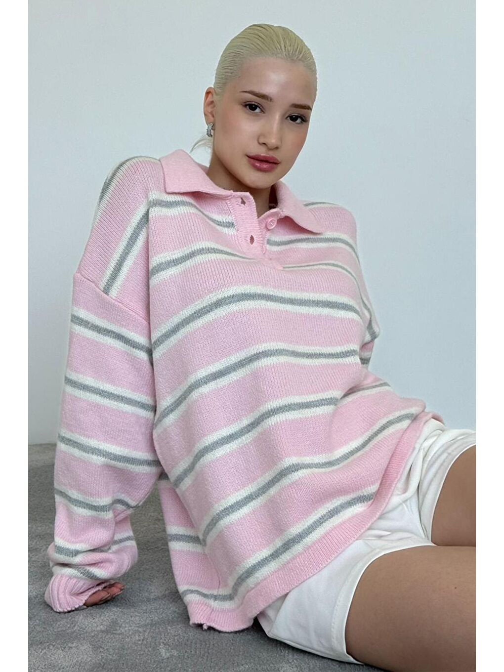 Pembe Polo Yaka Çizgili Kadın Triko Kazak Mg2469-7