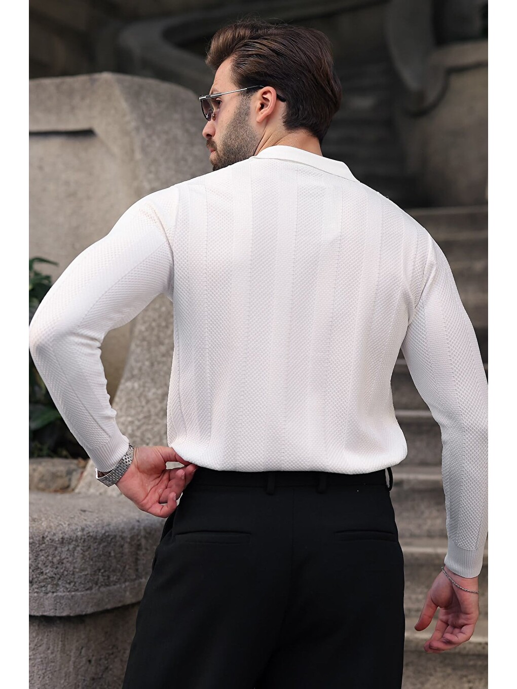 Beyaz Regular Fit Polo Yaka Triko Erkek Kazak E7509-2
