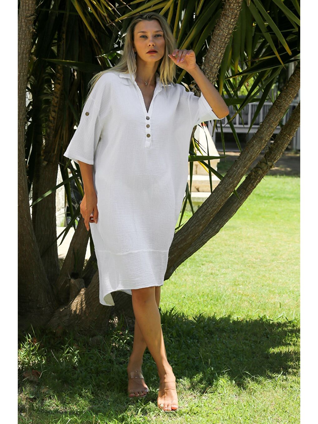 Organik Pamuk Beyaz Gömlek Yaka Düğmeli 3/4 Kol Çift Cepli Sırt Dekolteli Dokuma Casual Elbise-6