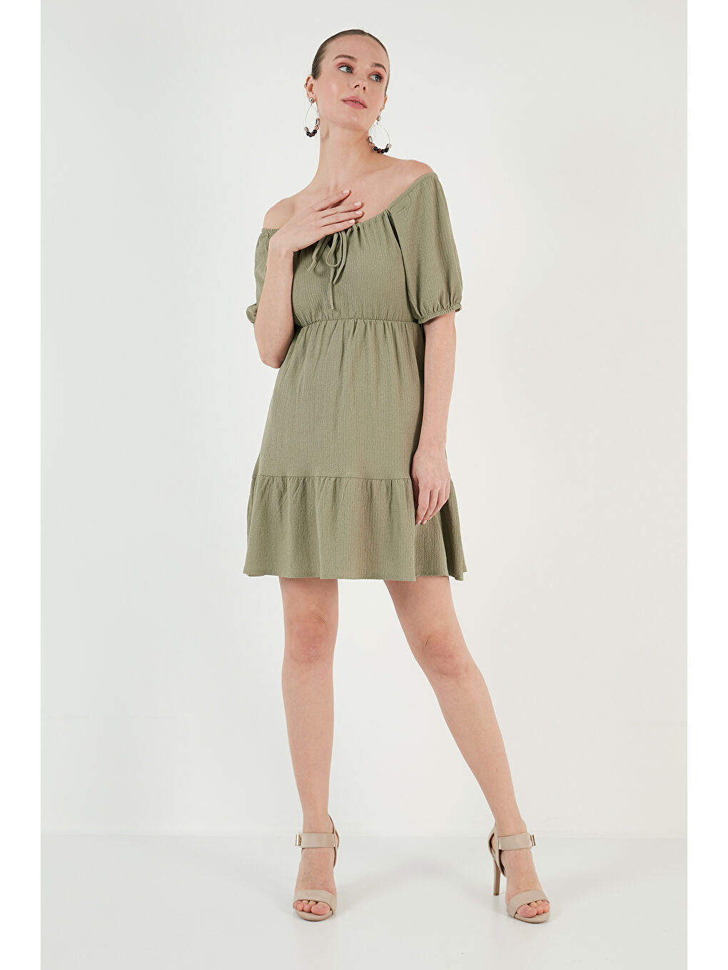 Yeşil Önü Büzgülü Balon Kollu Mini Elbise 5869005-1