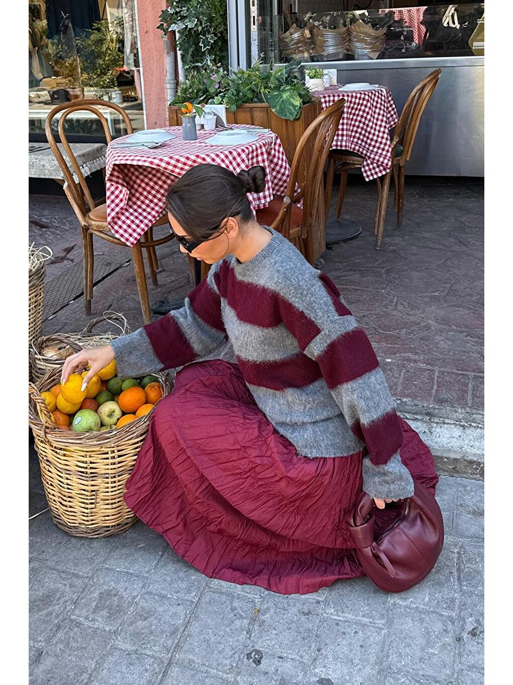 Bordo Bisiklet Yaka Çizgili Triko Kadın Kazak Mg2472-2