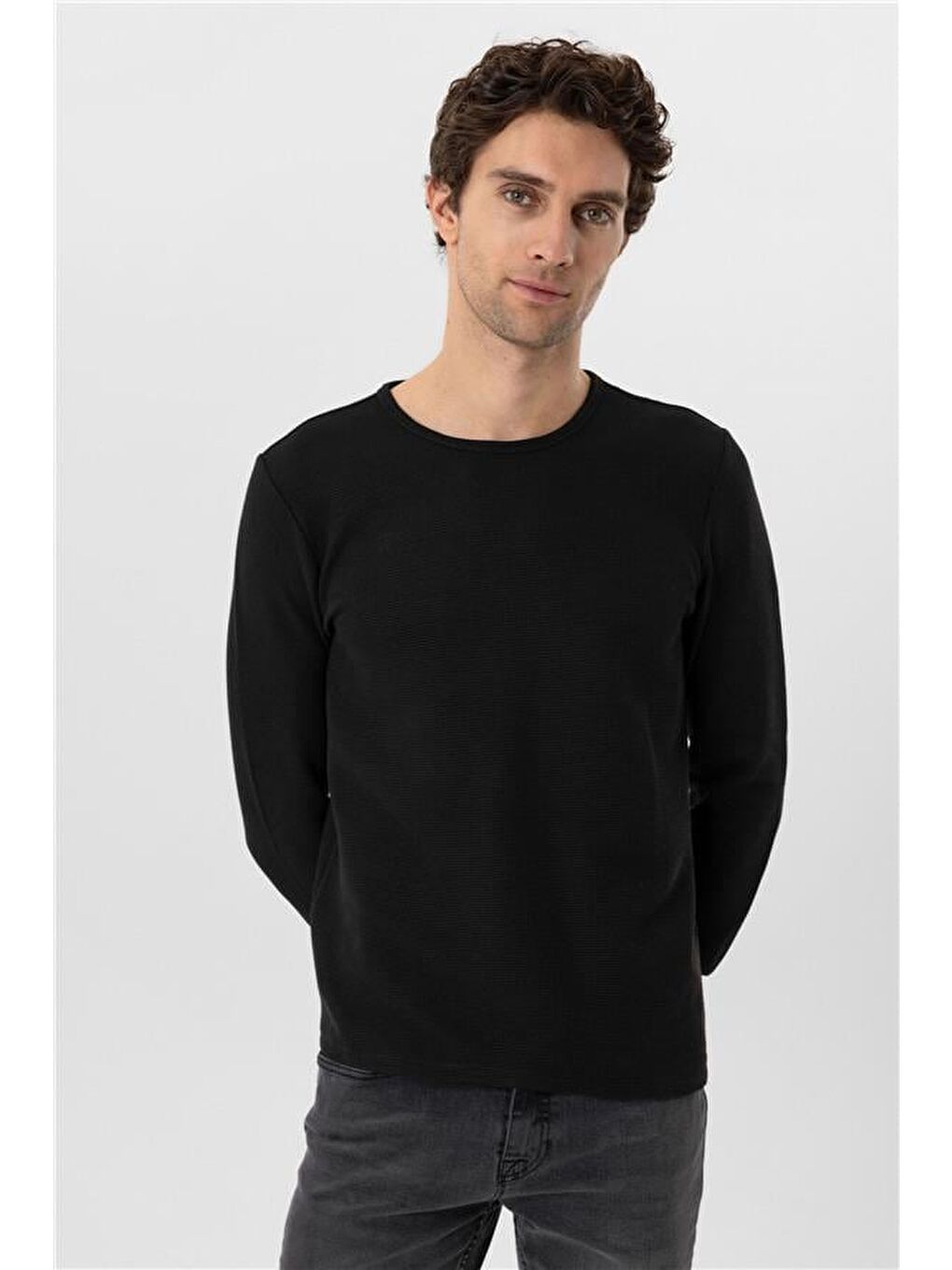 Siyah Slim Armürlü Bisiklet Yaka Triko-1