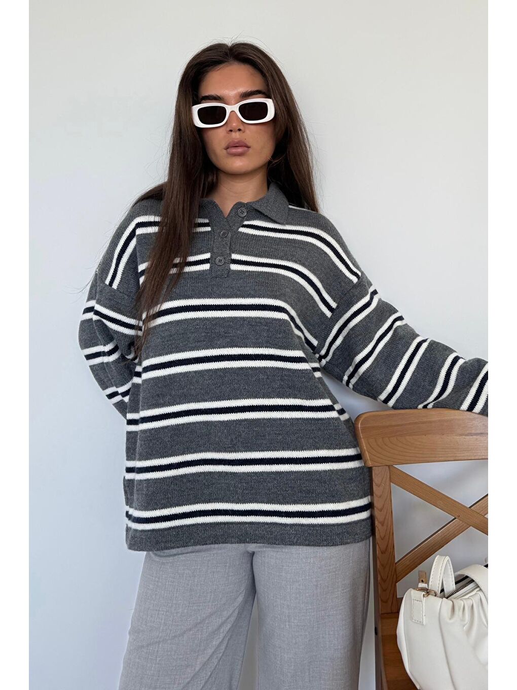 Antrasit Polo Yaka Çizgili Kadın Triko Kazak Mg2469-3