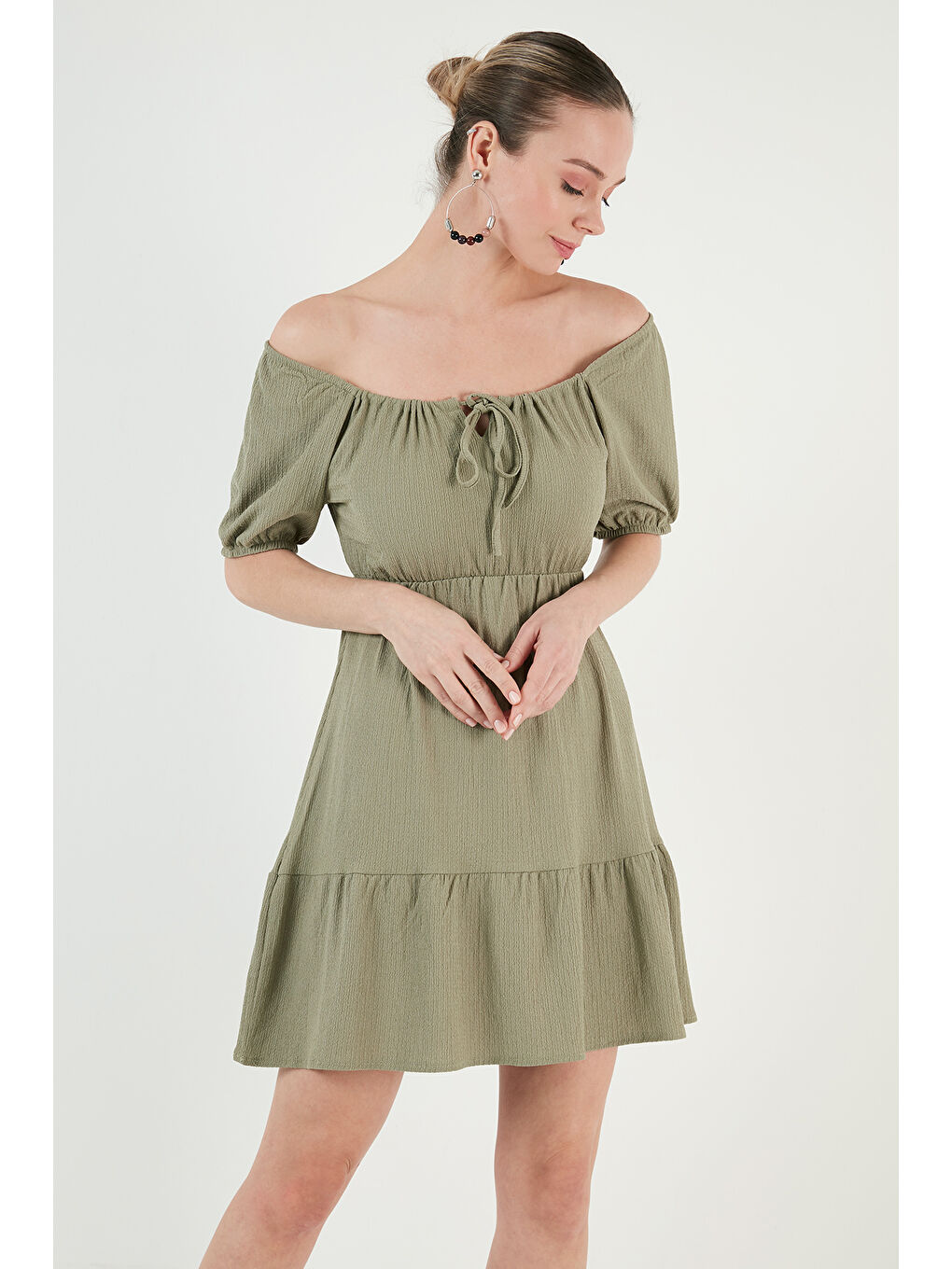 Yeşil Önü Büzgülü Balon Kollu Mini Elbise 5869005-2
