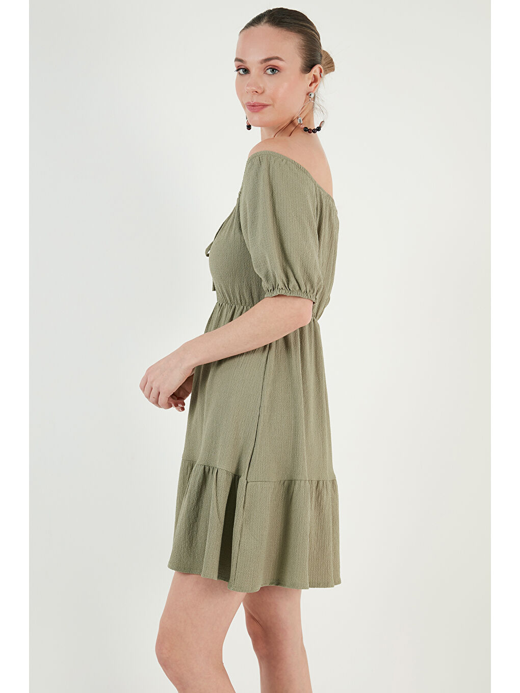 Yeşil Önü Büzgülü Balon Kollu Mini Elbise 5869005-3
