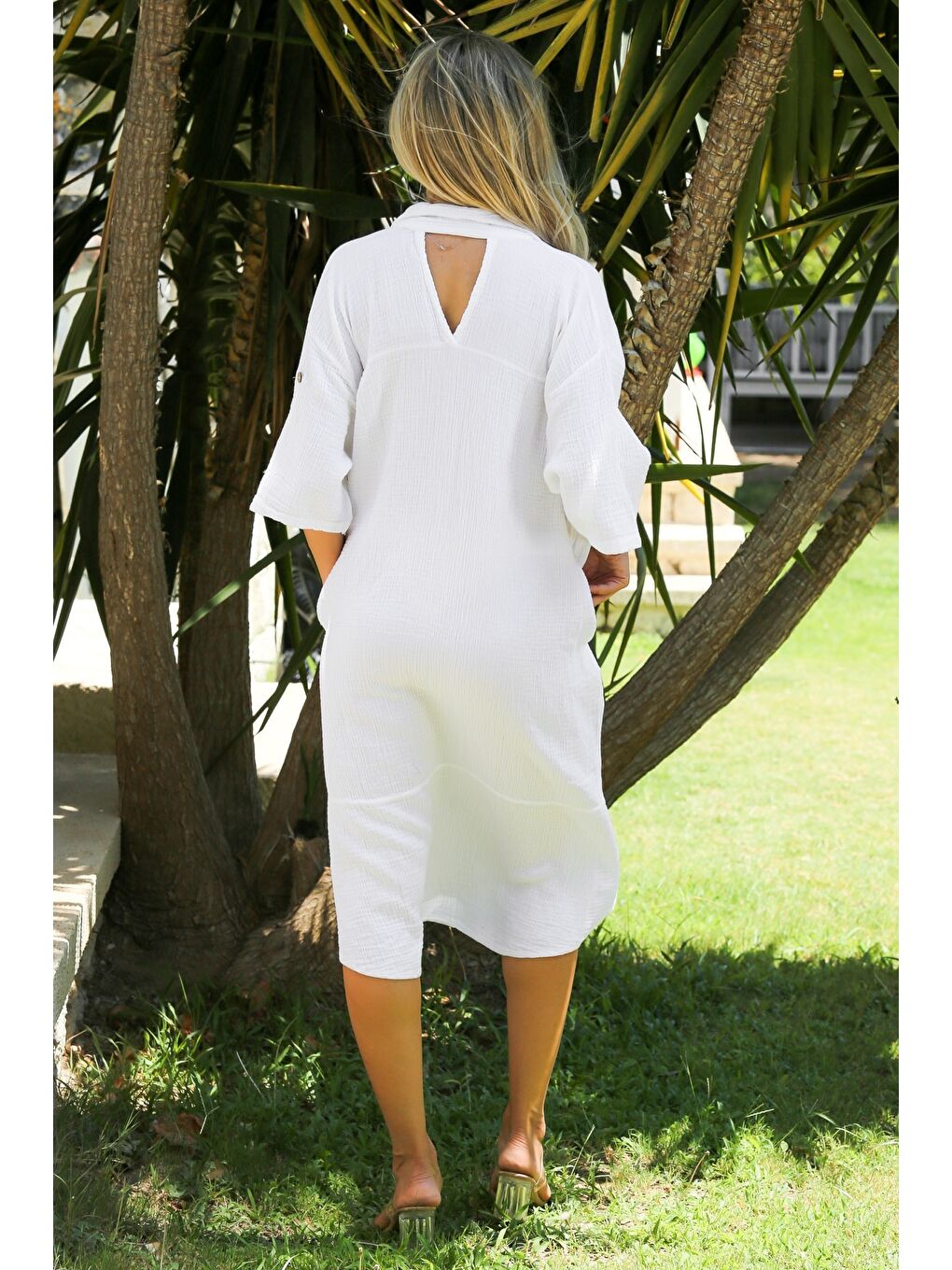 Organik Pamuk Beyaz Gömlek Yaka Düğmeli 3/4 Kol Çift Cepli Sırt Dekolteli Dokuma Casual Elbise-7