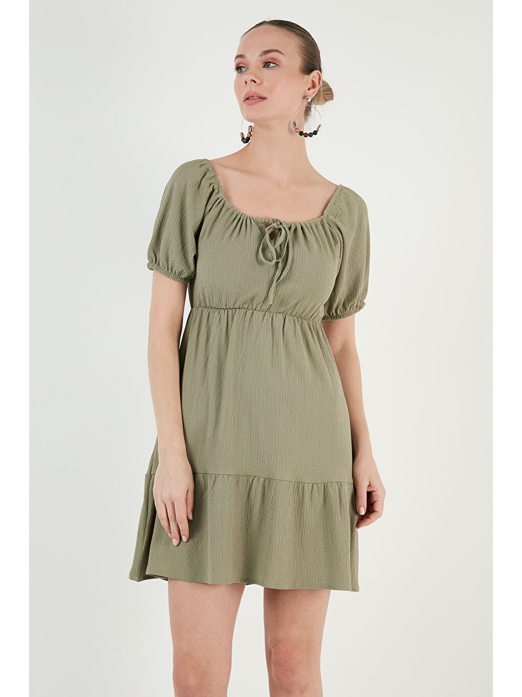 Yeşil Önü Büzgülü Balon Kollu Mini Elbise 5869005-4