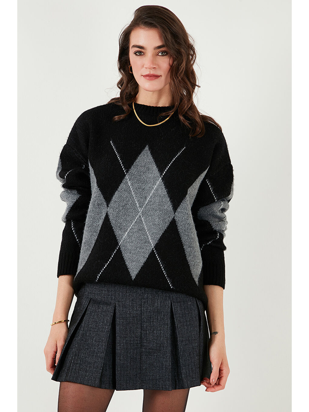 Siyah Baklava Desenli Standart Fit Bisiklet Yaka Kazak 4615574-4