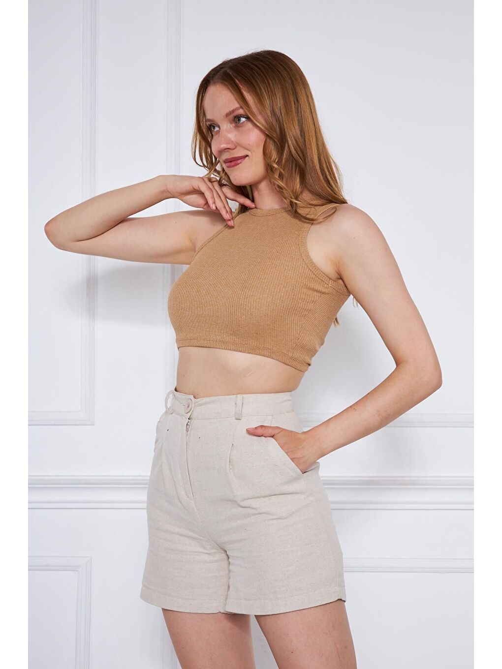 Bej Kadın Crop Top Vizon Basic Bluz